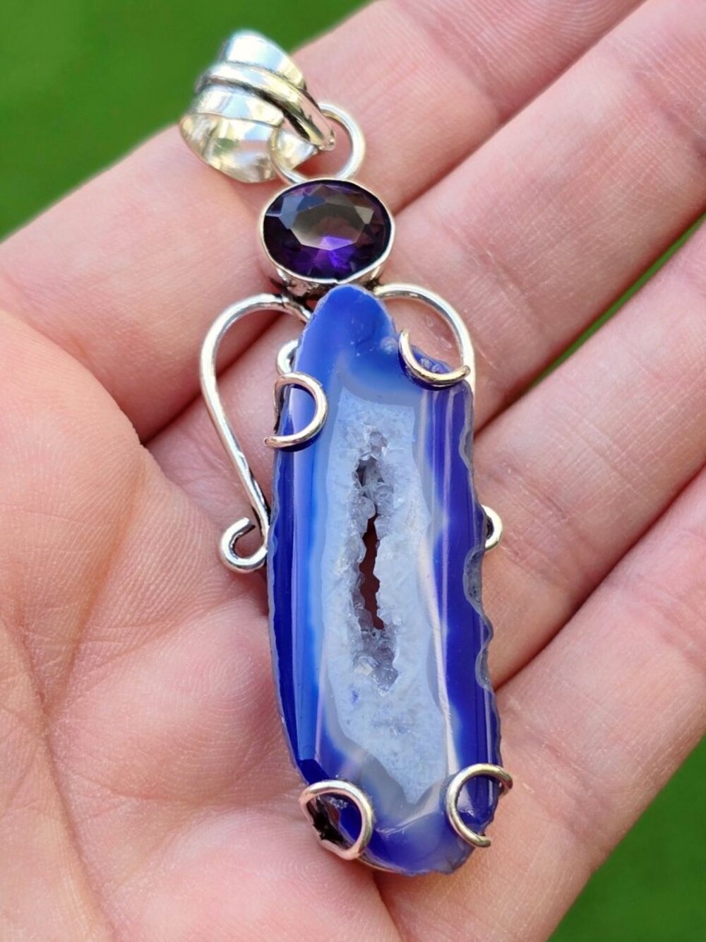 Artisan Blue Agate Amethyst Sterling Silver Geode Pendant Gothic Crystal NWOT